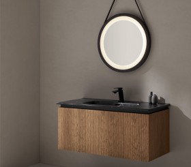 Mobili Sospesi Effetto 3D Rovere Naturale con 2 Cassetti + Lavabo in Porcellana effetto Marmo
