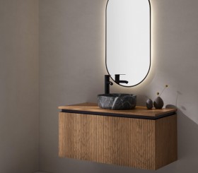 Mobili Sospesi Effetto 3D Rovere Naturale con 2 Cassetti + Lavabo Poggia in Porcellana Effetto Marmo