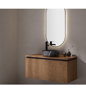 Mobili Sospesi Effetto 3D Rovere Naturale con 2 Cassetti + Lavabo Poggia in Porcellana Effetto Marmo