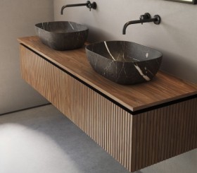 Mobile in rovere effetto 3D | 2 cassetti + 2 lavabi nero opaco | 2501