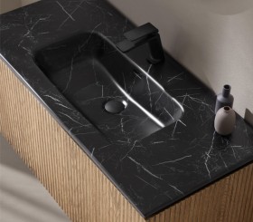 Mobili Sospesi Effetto 3D Rovere Naturale con 2 Cassetti + Lavabo in Porcellana effetto Marmo