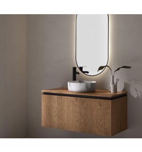 Mobili Sospesi Effetto 3D Rovere Naturale con 2 Cassetti + Lavabo Poggia in Porcellana Effetto Marmo